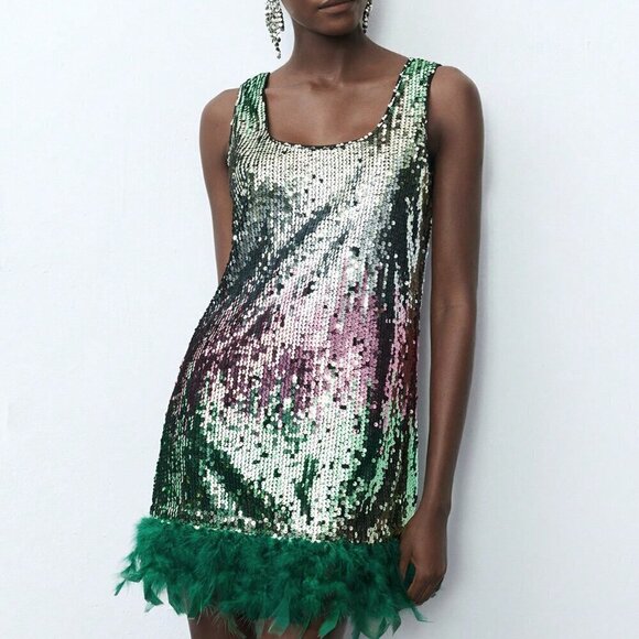 Green Party Women's Sleeveless Gradient Sequin Embellished Feather Mini Dress - Picture 3 of 8